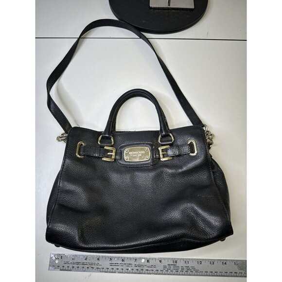 Michael Kors Hamilton Bag Black Leather Crossbody Gold Chain Large Size - Picture 9 of 12